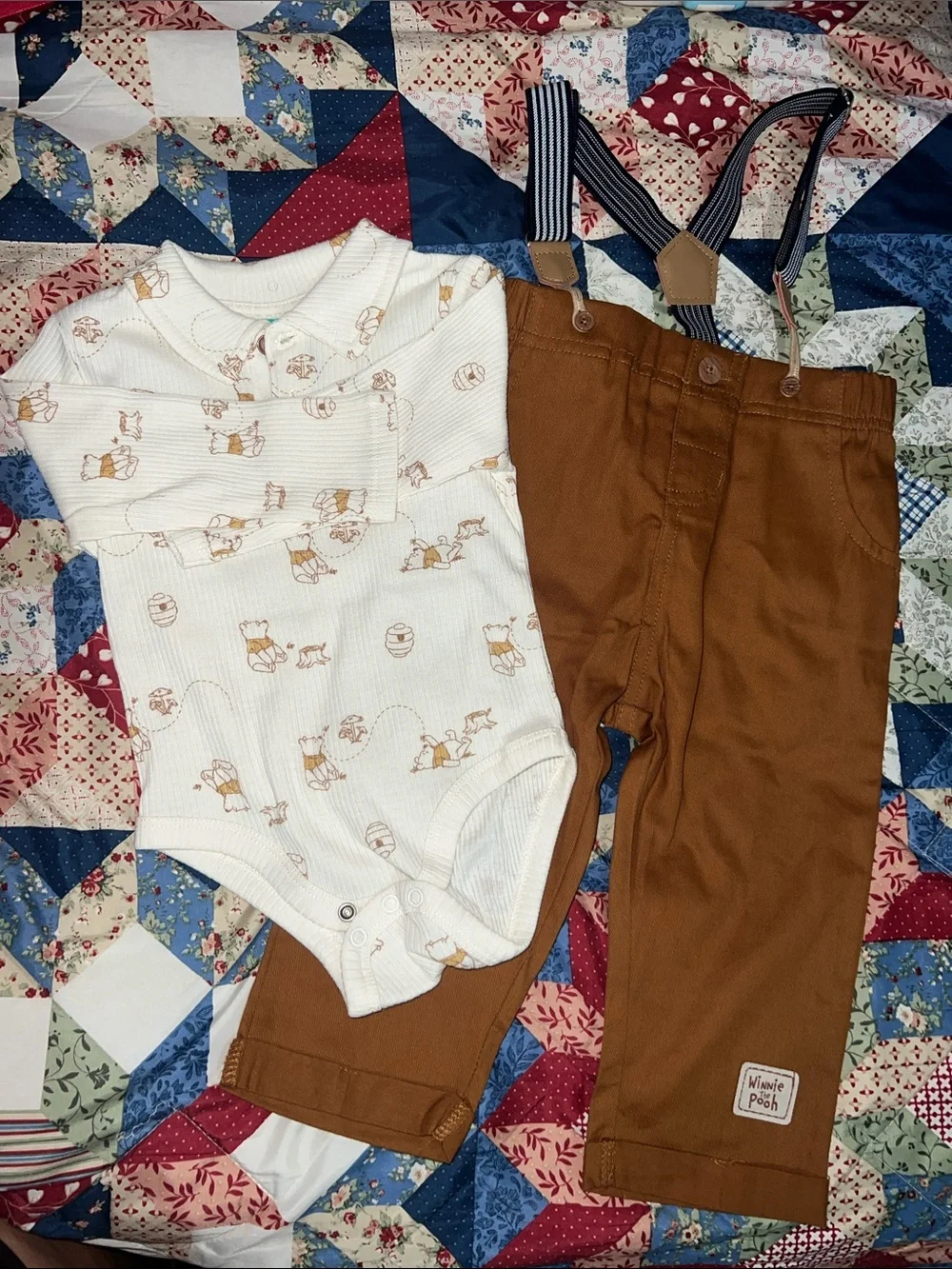 Disney Brown Suspenders Pants & Cream Winnie the Pooh Bodysuit Matching Set
